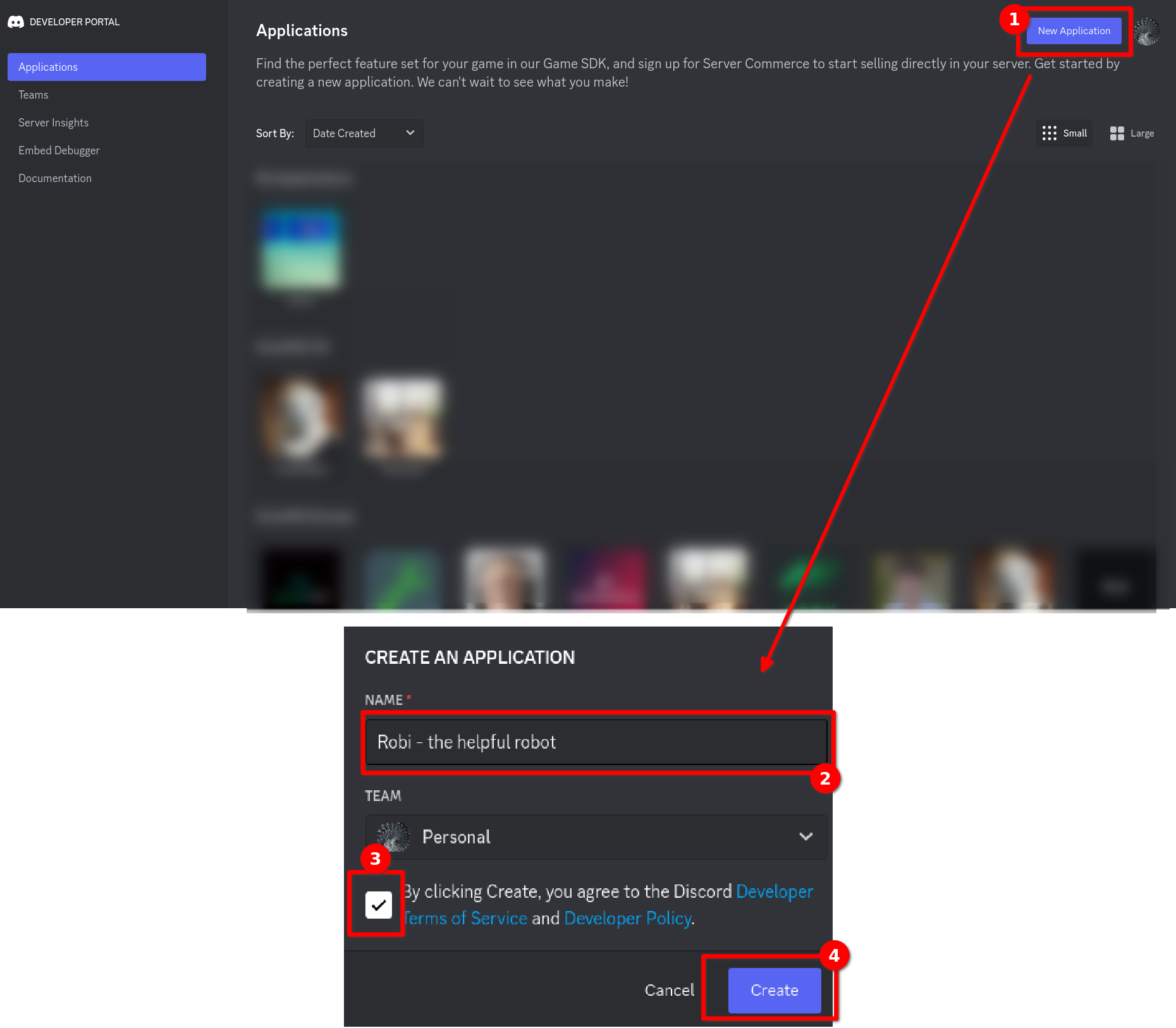 Dieser Screenshot zeigt, wie man eine neue Anwendung im Discord Developer Portal erstellt